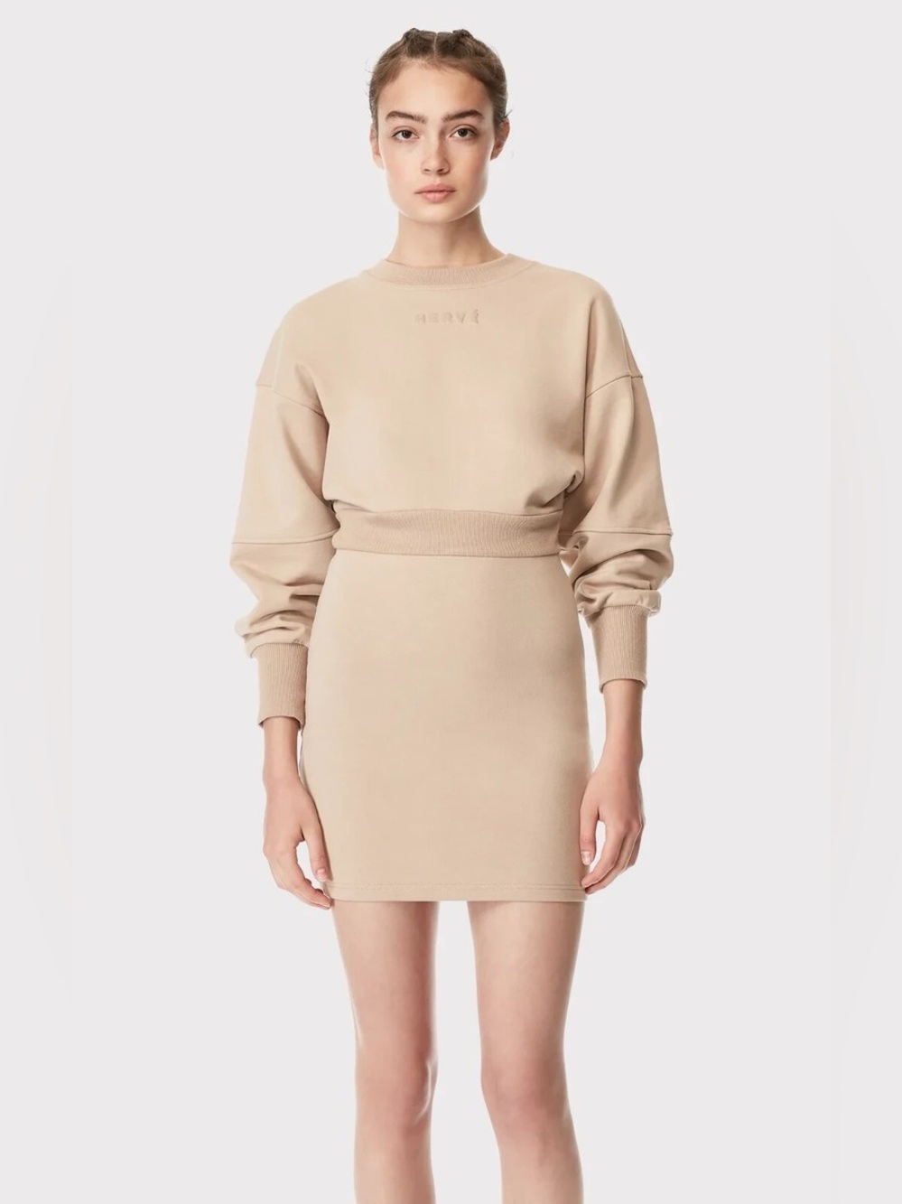HERVÉ by Hervé Léger Layered Look Mini Sweatshirt Dress color Desert Size Medium